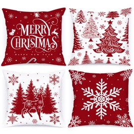 Lanpn 50x50 cm Red Christmas Pillow Covers Set of 4, Christmas Decorations Pillowcase, Winter Decorative Pillow Case, 20x20 Christmas Tree Cushion for Indoor Home Bedroom Sofa Xmas Couch Decor