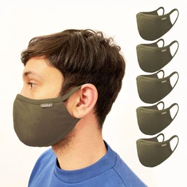 Maskari Khaki Green Reusable Face Mask | Washable | 3 Layer Face Masks | Adjustable Earloops | HeiQ Viroblock | Breathable | Ideal for kids | Pro 5 Pack, Small