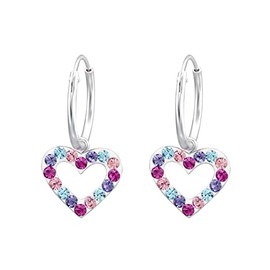 Hoop Earrings with Dangling Love Heart and Crystal Stones 925 Sterling Silver