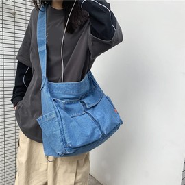 JQWSVE Canvas Messenger Bag Large Hobo Crossbody Bag with Multiple Pockets Canvas Shoulder Tote Bag for Women and Men, A06-light Blue Denim, 14.17*12.60*5.91in