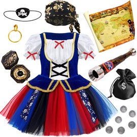 Tacobear Pirate Costume Children's Fancy Dress Costumes Girls Tulle Dress Pirate Headscarf Eye Patch Telescope Cosplay Birthday Pirate Fancy Dress Costume Pirate Children's Costume Carnival (120, 5-6