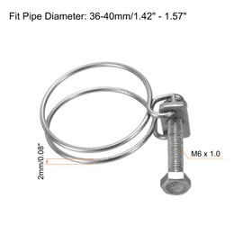sourcing map 6Pcs Double Wire Hose Clamp, 36-40mm Adjustable Stainless Steel Wire Hose Clips with M6 Bolt for Dust Collection Hose, Pump Hose Pipe