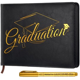Frienda 2026 Graduation Guest Book Leather Guest Sign in Book with Pen Graduation Party Favors Congratulation Graduates Signature Books(Graduations,Black, Gold)