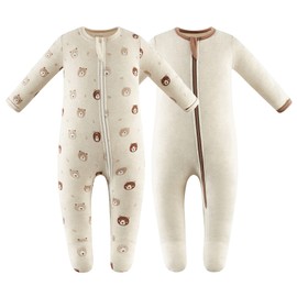 Owlivia Baby Girls Boys Organic Cotton Long Sleeve Sleepsuit with Feet, Mini Bears & Beige