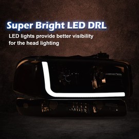 G-PLUS LED DRL headlights, Compatible with 1999-2007 GMC Sierra 1500/2001-2007 GMC Sierra 1500 HD bumper Headlamp, Smoky lens Black Housing Amber Reflector