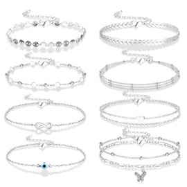 LOLIAS 9 Pieces Anklet for Women Teenagers Gold Silver Multilayer Butterfly Evil Eye Heart CZ Beach Adjustable Dainty Anklet Set, Copper silver