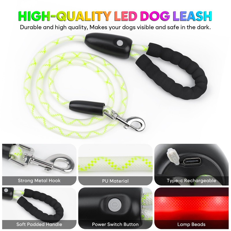 YFbrite 7Ft Light up Dog Leash with 15 Flashing Modes
