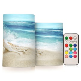 Flickering Flameless Candles, Shells Summer Sandy Beach LED Candles with Remote Timer, Set of 2 Battery Operated Candle for Valentine Wedding Birthday