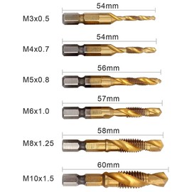 Gasea 6PCS HSS Countersink Tap Drill Bit Set, Hex Shank Titanium Coated Combination Screw Thread Metric Tap Drill for Wood Plastic Aluminum Copper M3-M10