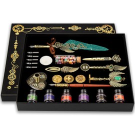 NC Quill Pen and Ink Set，Feather Pen Ink Set, Wax Seal Stamp Set, Feather Calligraphy Pen Set, Valentine's Day Gift for Writing Lovers Birthday Gift, Various Holiday Ideal Gift (Green)