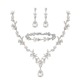 Clearine Wedding Jewellery Set for Women Bridal Y Necklace Tennis Bracelet and Earrings Dangle Set Crystal Teardrop Marquise Cluster Jewellery for Bridesmaid Clear Silver Tone, Crystal