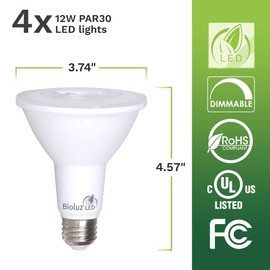 4 Pack Bioluz LED PAR30 LED Bulb, 10w Dimmable Flood Light Bulb, 100w Halogen Bulb Replacement, 850 Lumen 3000K Indoor/Outdoor UL Listed