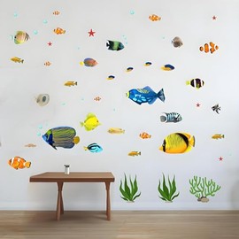 Ocean Fish Wall Decals Cute Sea Life Bath Wallpaper Sticker Removable and Waterproof Wall Stickers for Kids Nursery Bathroom Bedroom Living Room