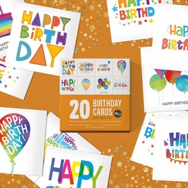 Wonder Cards Birthday Cards Multipack of 20 | Each Birthday Card box includes 10 Colourful Happy Birthday Card Designs | Blank Inside | Bulk
