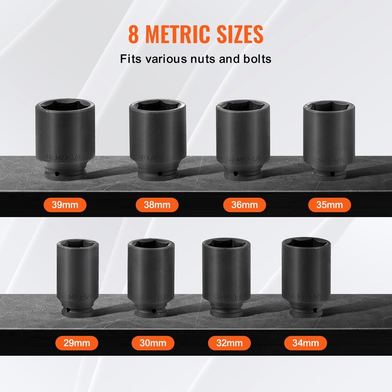 Happybuy Axle Nut Impact Socket Set,1/2" Drive Deep 12-Point 8-Piece