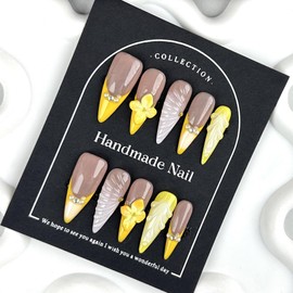 100% 5D Handmade Press on Nails with Charms Long Stiletto Nails Press ons- Water Ripple False Nails Ombre Orange Yellow Press on Nails Flower Fake Nails for Women Girls Daily Wear DIY Manicure Size L