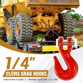 1/4" Clevis Grab Hooks 4 Pack – Heavy Duty G70 Hooks for 1/4" Chain, Red Powder Coated Forged Steel, for Truck, Trailer, Flatbed, Tow, Farm Use – 3,600 lbs WLL