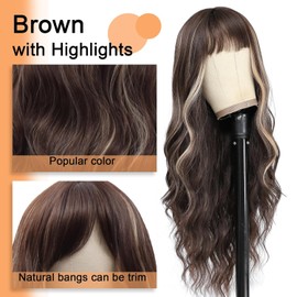 Colorful Bird Ombre Highlight Wig Synthetic Body Wave With Bangs Long Wavy #FB/30 Brown Mixed Blonde Highlight Wig Wear and Go 24 Inch Glueless Wig for Women