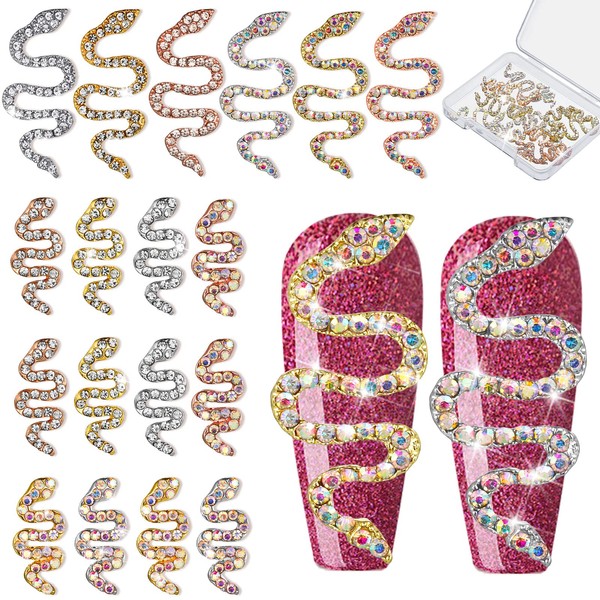 18 Pieces 3D Nail Charm Snake Shape Nail Charms with Rhinestones Vintage Alloy Snake Nail Diamond Studs Gold Silver Laser Snake Wave Nail Jewelry Decor for DIY Women Girls Manicure Nail (Vivid Style)