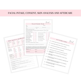 Facial Client Intake Forms, Intake, Consent, Aftercare Instruction | 75 pk 25 of each form | Skin Analysis Information Sign Papers 8.5x11” Form Book Pink Aftercare cards