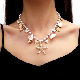 Shell Starfish Necklace Gold Seashell Necklace Sea Shell Pearl Choker Necklace Conch Necklace for Women Hawaiian Beach Jewelry (Starfish shell pearl choker)