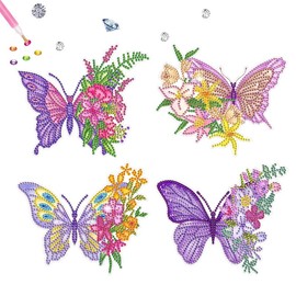 Set of 4 Butterfly Diamond Painting Sticker Set for Children, 5D Diamond Painting Sticker Kit, Flowers Diamond Painting Pictures, Children's Stickers, Boys Girls Beginners, Diamond Mosaic Picture Gift
