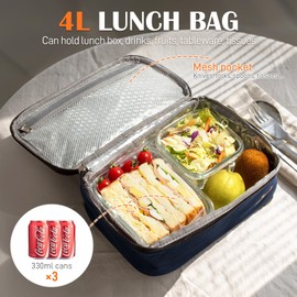 Viedouce Lunch Box 4L Waterproof & Insulated, Double Zip Lunch Box to Take Away for Men/Women, Airtight Food Box for Office/School, Foldable Picnic Bag Gift with Handles, Black
