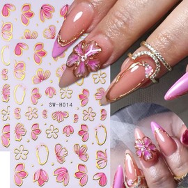 Spring Nail Art Stickers Decals Gold Edge Flowers Nail Stickers 6PCS Pink Cherry Blossoms Pattern Design 3D Self-Adhesive Nail Decals Nail Art Supplies for Women Spring DIY Nail Art Decorations