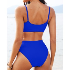Tempt Me - Conjunto de bikini de cintura alta para mujer, traje de baño deportivo de dos piezas, corte alto con cuello redondo, Azul Real, XX-Large