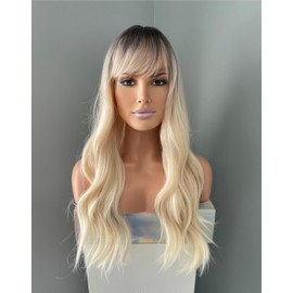 The Extension Room Long Wavy Blonde Wig with Bangs, Dark Roots, Heat Resistant Synthetic Hair, 20-Inch Natural-Looking Lightweight Adjustable Cap, Perfect for Daily Wear, Events and Cosplay