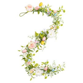 6Ft Easter Peonies Garland, Artificial Easter Egg Garland with White Flowers Peonies Stamens for Indoor Outdoor Home Fireplace Decoration