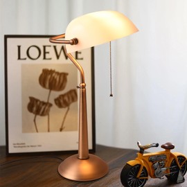 COSYLUX Tall Bankers Lamp, Vintage Sleek Glass Shade Table Lamp with Pull Switch, Antique Bronze Metal Bankers Desk Lamp for Office, Study Room, End Table, Bedside (White)