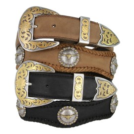 Steer Berry Longhorn Steer Conchos Western Leather Scalloped Belt 1 1/2" wide