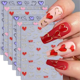 Valentines Nail Art Stickers 3D Love Hearts Nail Decals Valentine's Day Nail Stickers for Nail Art Decoration Pink Gold Love Nail Design Valentines DIY Self Adhesive Manicure Art Accessories 6Pcs