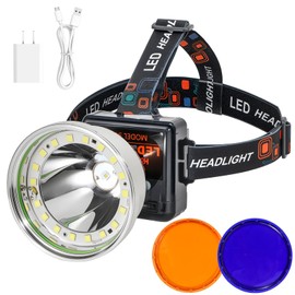 Rechargeable LED Headlamp with Flood and Spot Beam, Power Display, 4 Lighting Modes, Yellow/Blue Filter Lens, High Lumen Outdoor Waterproof Head Torch for Fishing, Hunting, Hiking, Outdoor Activities