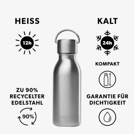 Qwetch - Drinking Bottle 350 ml Stainless Steel Active - Small Thermos Flask Made from 90% Recycled Stainless Steel - 24 Hours Cold & 12 Hours Hot - Insulated Flask, Leak-Proof, BPA-Free and Compact