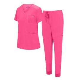 Natural Uniforms Womens 10 Pocket Cool Stretch Jogger Scrub Set (Hot Pink, Small)