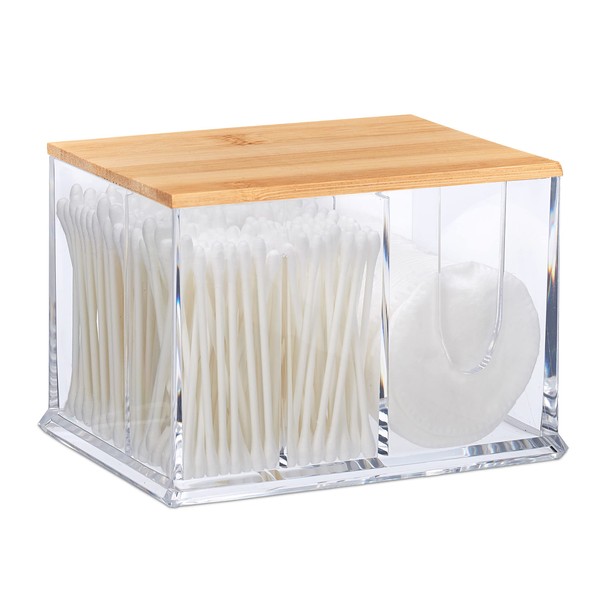 Relaxdays Cotton Buds Storage, Acrylic, Bamboo, Box with Lid, Small Ear Sticks Dispenser Bathroom, Transparent/Natural