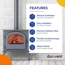 DuraVent DuraBlack 48 x 8 Inch Inner Diameter Stainless Steel Adjustable Single Wall Stove Pipe for Smoke and Exhaust with Lock Seamed Design, Silver