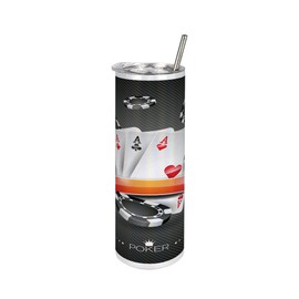 Lunarable Poker Tournament 20 Oz Skinny Tumbler, Display of the Spread Chips Poker Cards Lifestyle, Leak-Proof Straw Lid and Brush Vacuum Insulated for Outdoor Use, Charcoal Grey White