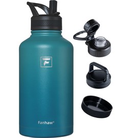 Fanhaw 64 oz Stainless Steel Insulated Water Bottle with 3 Lids (Straw, Spout and Carabiner Lid) - Half Gallon Sports Water Flask Jug (Green Blue)