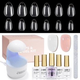 AILLSA Gel Nail Kit Short Almond Nail Tips 240pcs with 2 In 1 Nail Glue Base Coat and Nail Dehydrator, Gel Full Nail Kit with Nail Lamp Top Coat for Starters Home Salon Valentine's Day