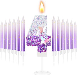 Vela de cumpleaños número 4 mariposa morada para pastel con 6 velas largas y delgadas para cupcakes, lentejuelas brillantes con purpurina púrpura para