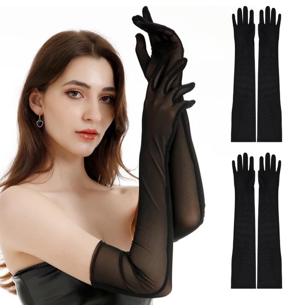 Fjquamitix 2 Pairs Long Black Mesh Gloves for Women, Elegant