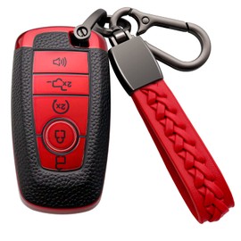 Syodiesn for Ford Key Fob Cover Soft TPU with Leather Keychain Key Case Shell Full Protective Cover Compatible with Ford Explorer Mustang Fusion Escape F150 F250 F350 F450 F550 Edge 5 Button, Red