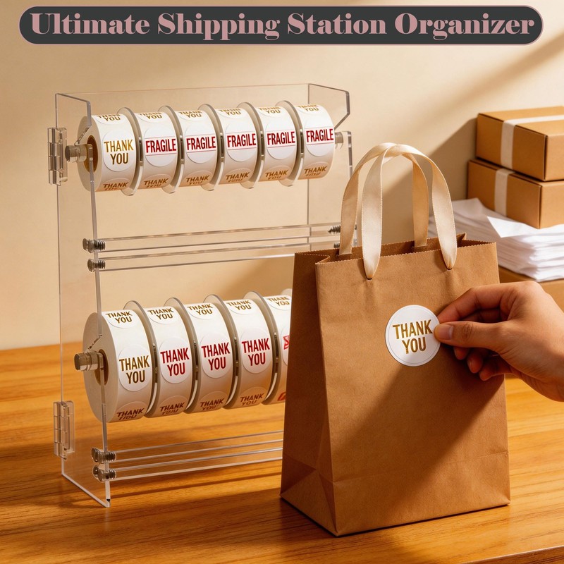 Double-Layer Acrylic Sticker Roll Dispenser, Adjustable Label Organizer for 12