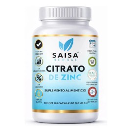 Citrato Zinc 120 Cáps Saisa Herbal Suplemento Alimenticio Alta Biodisponibilidad Apoyo Inmunológico Cuidado Piel