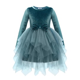 Arshiner Toddler Girls Fall Dress Cute Bowknot Irregular Hem Tulle Winter Velvet Sneaker Ball Blue Dresses Kids Clothes 4T 5T