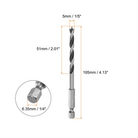sourcing map 5pcs Brad Point Drill Bit 5mm (1/5") Dia Bearing Steel 1/4" Hex Shank Wood Drill Bits 2.01" Working Length Spiral Twist Drilling Tool for Woodworking Softwood Plywood Plastic