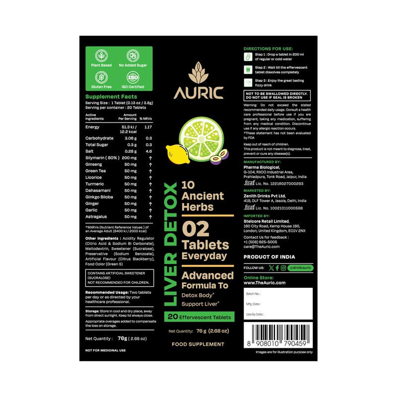 Auric Liver Detox Effervescent Fizzy Water with 10 Ayurvedic Herbs